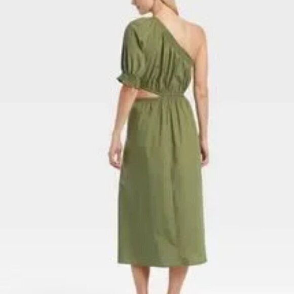 Who What Wear Olive Green Puff Short Sleeve‎ Cut Out Midi Dress Size Small - Picture 8 of 13